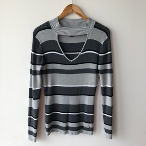 Ex Girlfriend Grey Striped Chocker Neck Sweater